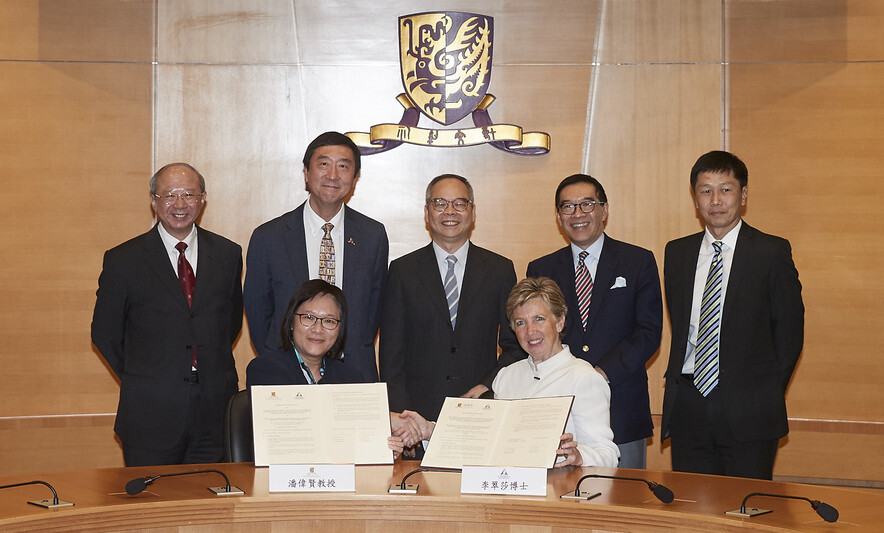 <p>Professor Poon Wai-yin &nbsp;(left, front row), Pro-Vice-Chancellor, The Chinese University of Hong Kong (CUHK), and Dr Trisha Leahy BBS (right, front row), Chief Executive,&nbsp;HKSI, sign the MOU, with the signatures witnessed by The Hon Lau Kong-wah JP (middle, back row), Secretary for Home Affairs,&nbsp; Mr Yeung Tak-keung JP (1<sup>st</sup> &nbsp;from right, back row), Commissioner for Sports, Professor Joseph Sung SBS JP (2<sup>nd</sup> from left, back row), Vice-Chancellor and President, CUHK, Professor Michael Hui (1<sup>st</sup> from left, back row), Pro-Vice-Chancellor, CUHK, and Mr Carlson Tong SBS JP (2<sup>nd</sup> from right, back row), Chairman, HKSI and University Grants Committee.</p>
