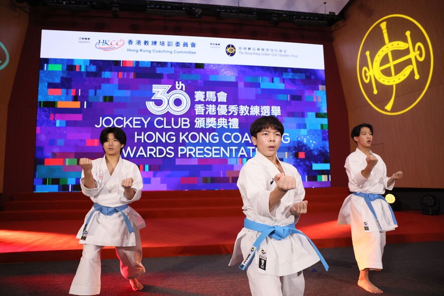 <p>The male team kata athletes (from left) Tsang Pak-yin, Wong Nuri and Chiu Wing-hei demonstrated karatedo at the ceremony.</p>
