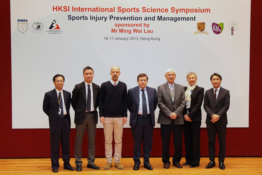 <p>A group photo of Dr Trisha Leahy BBS (2<sup>nd</sup> from right), Chief Executive of the Hong Kong Sports Institute (HKSI); Dr Raymond So (1<sup>st</sup> from left), Director of Elite Training Science and Technology of the HKSI; guest speakers Prof Fabio Pigozzi MD (middle), President of the International Federation of Sports Medicine; Prof Carl Askling (3<sup>rd</sup> from left), Lecturer of the Swedish School of Sport and Health Sciences and the Department of Molecular Medicine and Surgery of the Karolinska Institutet, Stockholm; together with distinguished guests, Dr Patrick Yung Shu&ndash;hang (2<sup>nd</sup> from left), President Elect of the Asian Federation of Sports Medicine; Prof Frank Fu Hoo&ndash;kin MH JP, (3<sup>rd</sup> from right), Member of the Sports Commission; Dr Gary Mak Yiu&ndash;Kwong (1<sup>st</sup> from right), President of the Hong Kong Association of Sports Medicine and Sports Science.</p>

