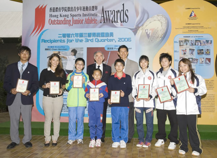 <p>(From left, back row) Presenters include Mr A F M Conway, Vice President of the Sports Federation &amp; Olympic Committee of Hong Kong, China and Dr Chung Pak-kwong, Chief Executive of the Hong Kong Sports Institute. (From left, front row) Heung Pak-san (windsurfing), Magali Tong (equestrian), Chiu Chung-hei (table tennis), Ng Chi-ching and Poon Chun-kit (gymnastics) were presented certificate of appreciation while wushu performers Liu Yee-shan, Kwan Ning-wai and Yuen Ka-ying were presented certificates of merit at the Ceremony.</p>
