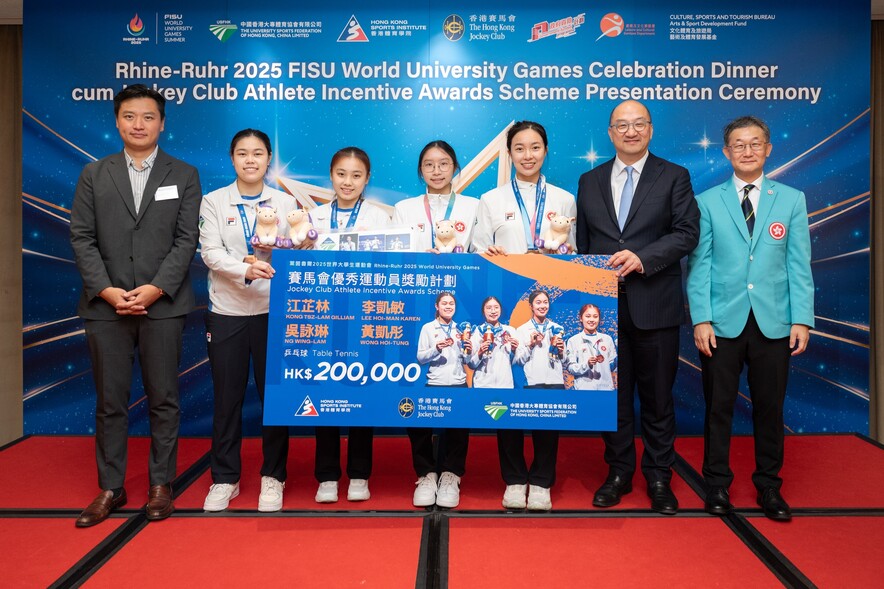 <p><strong>Mr Tam Chi-yuen, Raymond <span style="font-size:75%;">GBS JP</span></strong>, Executive Director, Corporate Affairs of The Hong Kong Jockey Club (2nd from right); <strong>Mr Yue Kwok-leung, Tony <span style="font-size:75%;">BBS MH JP</span></strong>, Honorary President of the University Sports Federation of Hong Kong, China (1st from right); and <strong>Hon Cheng Wing-shun Vincent <span style="font-size:75%;">BBS MH JP</span></strong>, Vice-Chairman of the HKSI (1st from left), presented cash incentives HK$200,000 to table tennis women&rsquo;s team athletes <strong>Kong Tsz-lam</strong> (2nd from left), <strong>Lee Hoi-man</strong> (4th from right), <strong>Ng Wing-lam</strong> (3rd from right), and <strong>Wong Hoi-tung</strong> (3rd from left).</p>
