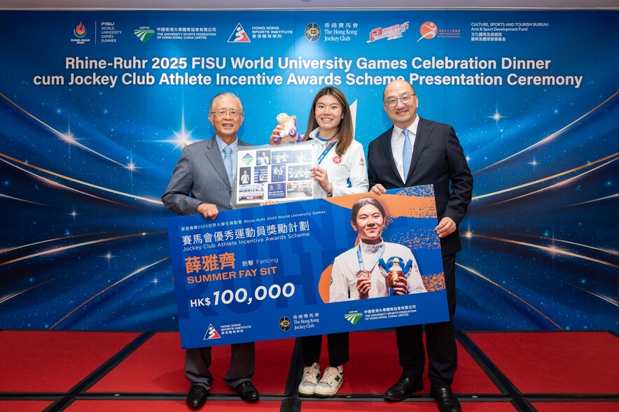 <p><strong>Mr Tam Chi-yuen, Raymond <span style="font-size:75%;">GBS JP</span></strong>, Executive Director, Corporate Affairs of The Hong Kong Jockey Club (right); and <strong>Mr Chan Wai-lun, Anthony <span style="font-size:75%;">BBS MH JP</span></strong>, Honorary President of the University Sports Federation of Hong Kong, China (left), presented cash incentives HK$100,000 to fencing athlete <strong>Summer Fay Sit</strong>.</p>
