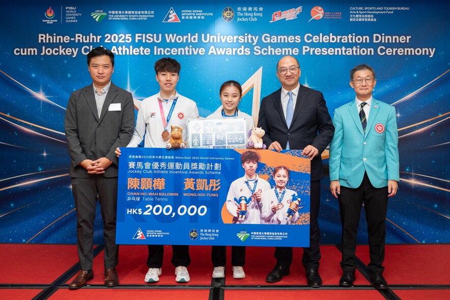<p>Mr <strong>Tam Chi-yuen, Raymond <span style="font-size:75%;">GBS JP</span></strong>, Executive Director, Corporate Affairs of The Hong Kong Jockey Club (2nd from right); <strong>Mr Yue Kwok-leung, Tony <span style="font-size:75%;">BBS MH JP</span>,</strong> Honorary President of the University Sports Federation of Hong Kong, China (1st from right); and <strong>Hon Cheng Wing-shun Vincent <span style="font-size:75%;">BBS MH JP</span></strong>, Vice-Chairman of the HKSI (1st from left), presented cash incentives HK$200,000 to table tennis mixed doubles athletes <strong>Chan Ho-wah</strong> (2nd from left) and <strong>Wong Hoi-tung</strong> (3rd from left).</p>
