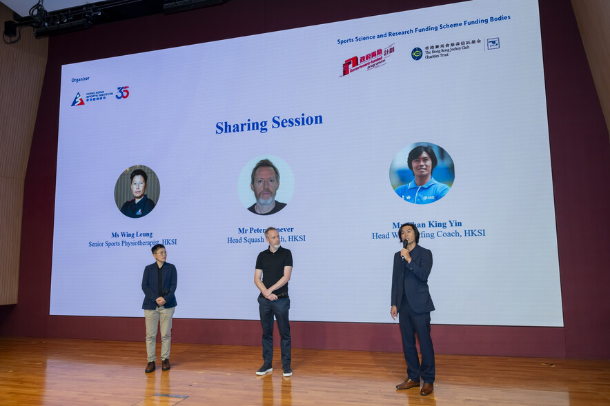 <p>(From left) The HKSI representatives <strong>Ms Wing Leung</strong>, Senior Sports Physiotherapist;<strong> Mr Peter Genever,</strong> Head Squash Coach; and <strong>Mr Chan King-yin</strong><strong> <span style="font-size:75%;">MH</span></strong>, Head Windsurfing Coach, shared how projects supported under the SRFS have benefited multidisciplinary support, athlete training and competition preparation.</p>

<p>&nbsp;</p>
