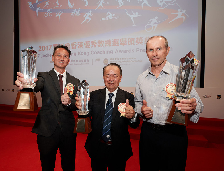 <p>(From the left) The Coach Education Award, Distinguished Services Award for Coaching and Best Team Sport Coach Award were presented to volleyball coach Lam Chun-kwok, para lawn bowls coach Adem Osman and dragon boat coach Milan Krasny respectively.</p>
