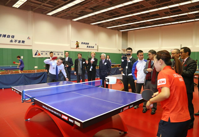 During the tour to the facilities at the HKSI, the Honourable C Y Leung GBM GBS JP, Chief Executive plays table tennis with Hong Kong athlete Lee Ho-ching.